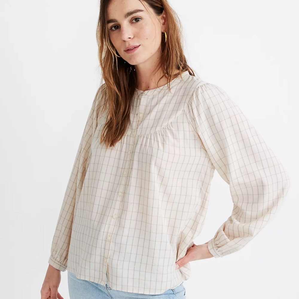 Madewell Balloon-Sleeve Peasant Top in Windowpane size Small